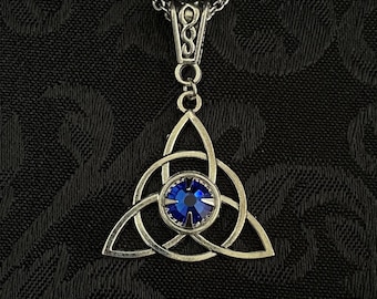 Sapphire Blue Engagement Irish Celtic Trinity Knot Triquetra Antiqued Silver Unity Pagan Triple Goddess Knotwork Necklace Choker Pendant