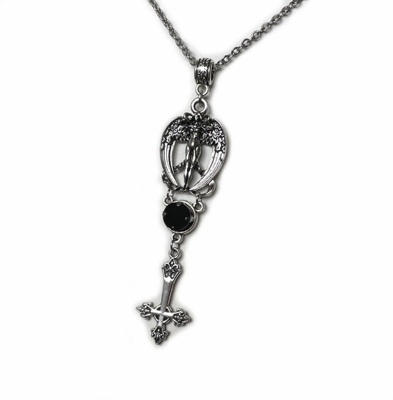 Jet Black Onyx Fallen Angel Inverted Cross Crucifix Lucifer