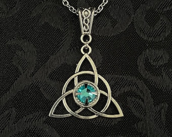 Aqua/Aquamarine Engagement Irish Celtic Trinity Knot Triquetra Antiqued Silver Unity Pagan Triple Goddess Knotwork Necklace Choker Pendant