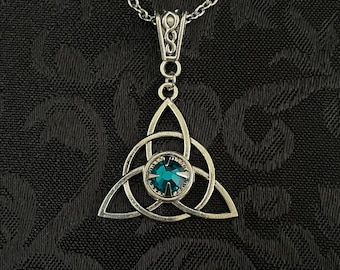 Dark Teal/Aqua Engagement Irish Celtic Trinity Knot Triquetra Antiqued Silver Unity Pagan Triple Goddess Knotwork Necklace Choker Pendant