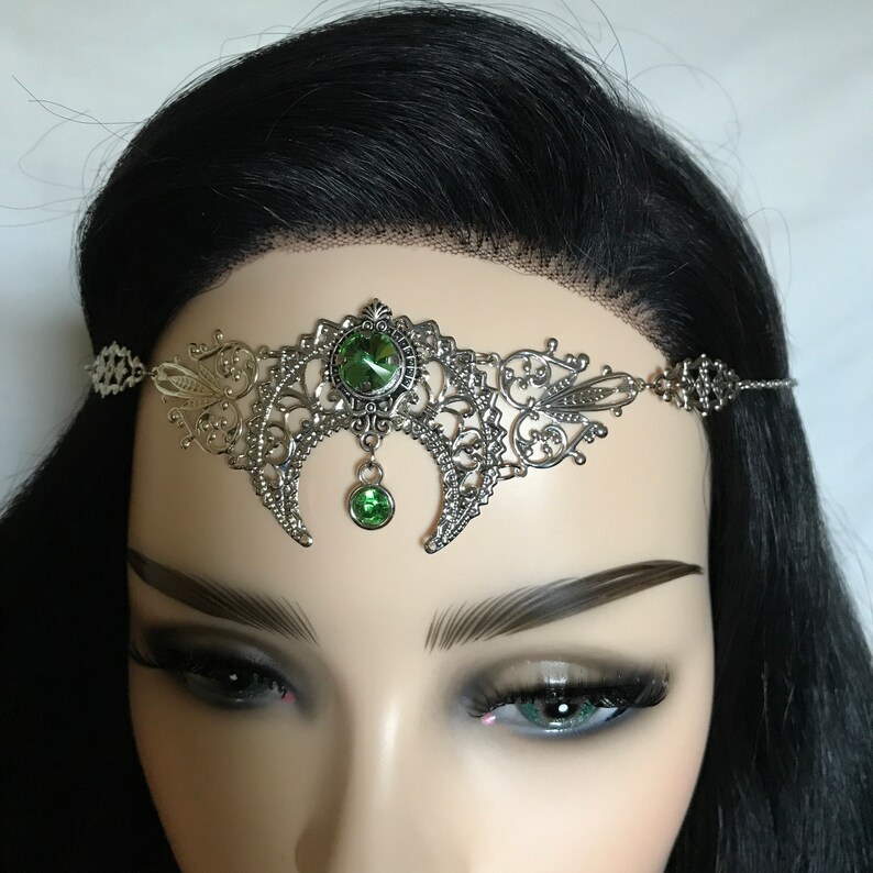Light Peridot Green Crystal Silver Crescent Moon Priestess Art Nouveau Mucha Pagan Headpiece Headdress Circlet Crown Tiara Headband Goddess