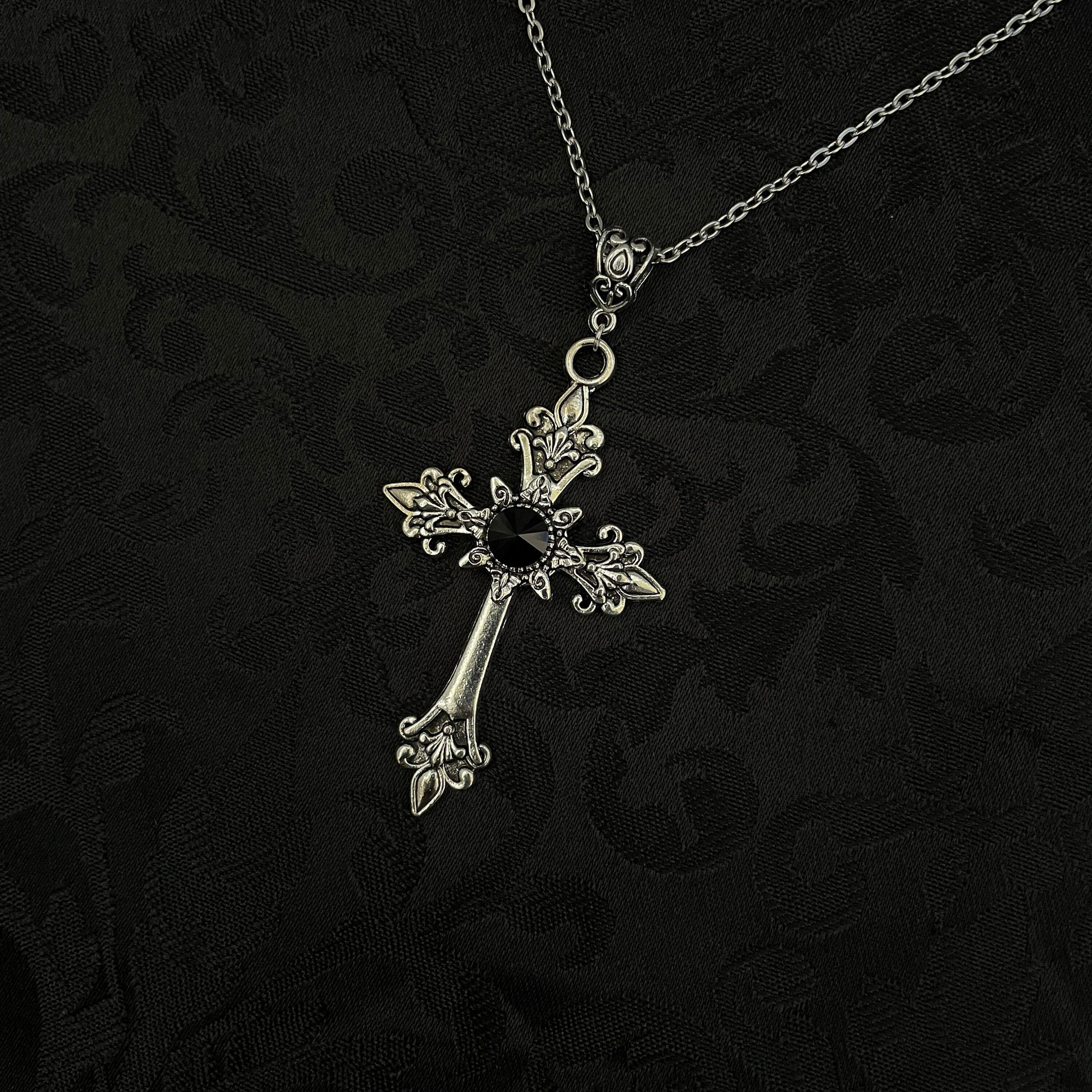 Jet Black Onyx Antiqued Silver Cross Crucifix Gothic Victorian