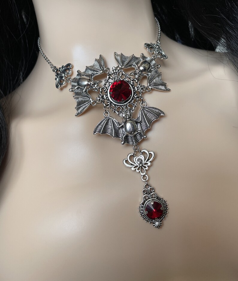 Dark Ruby RedGarnet Filigree Antique Silver Dracula Vampire Winged Bat Queen Vampyre Undead Goth Gothic Victorian Necklace Choker Pendant