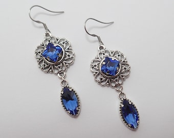 Sapphire Blue Stones Gothic Victorian Filigree Earrings Antiqued Silver Goth Medieval Edwardian Renaissance Bridal Wedding Bride Prom