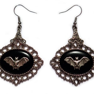 Gothic Victorian Vampire Bat Cameo Earrings Silver Filigree