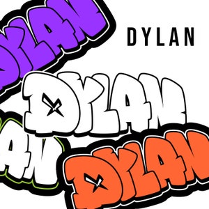 Puede incluir: El nombre "DYLAN" está escrito en estilo graffiti en cuatro colores diferentes: morado, blanco, verde y naranja. La palabra "DYLAN" está escrita en mayúsculas.