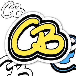 May include: A sticker with the letters "CB" in a yellow, bubble-style font, outlined in black and white. The sticker has a white background and a slight drop shadow, with additional "CB" outlines in the background.