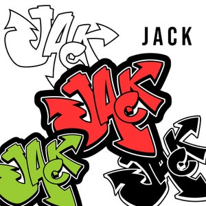 Puede incluir: Un diseño gráfico que presenta la palabra "JACK" en cuatro estilos diferentes. La palabra está escrita en negro, blanco, rojo y verde. Cada versión de la palabra tiene una fuente y un estilo diferentes, con algunas que tienen flechas u otros elementos decorativos.