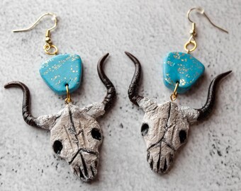 Texas Longhorn Bull Skull Dangle Earrings, Turquoise Polymer Clay