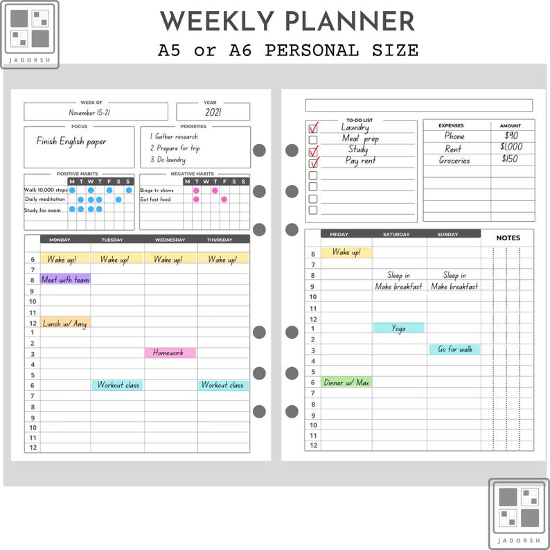 A5 Weekly Planner Insert A6 Personal Size Weekly Planner Insert for 6 ring binders 40 sheets 80 pages bild 1