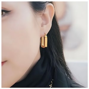 BRELOVIA Gold Block Drop Earrings • Modern U-Shape Design • OLANDA