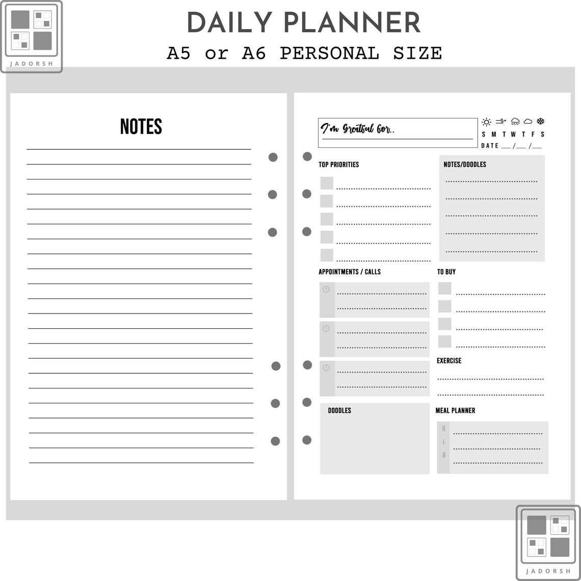 A5/A6 Daily Planner Inserts, 40 Sheets for 6-ring Binder - Etsy