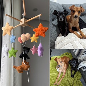Op de afbeelding: Een baby-mobiel met een houten kruisframe en hangende gehaakte elementen, waaronder sterren in oranje, geel, roze, paars, groen, blauw en wit, samen met drie gehaakte ballonnen en twee kleine gehaakte honden in zwart en bruin.