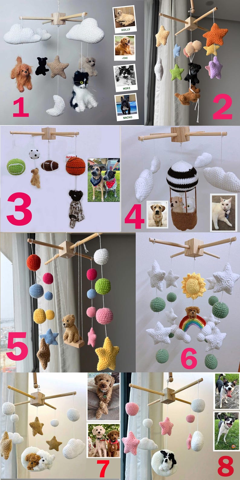 Op de afbeelding: Een collectie van acht hangende mobielen voor de kinderkamer met diverse gehaakte vormen zoals dieren, sterren, wolken, ballen en sportartikelen, opgehangen aan houten kruisframes, vergezeld van kleine foto's van huisdieren bij elk ontwerp.