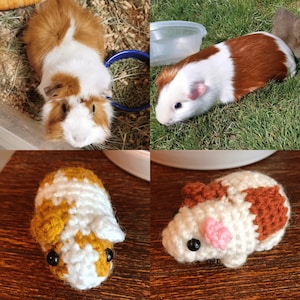 Puede incluir: Dos peluches de conejillo de indias de crochet. Uno es blanco con manchas marrones y el otro es blanco con manchas amarillas. Ambos tienen ojos negros y narices rosas.