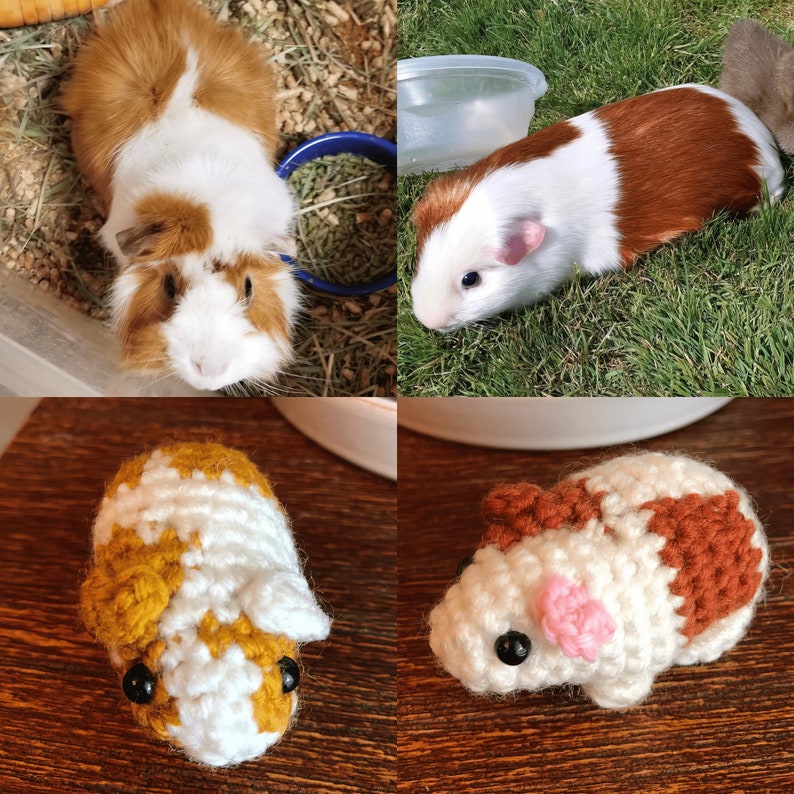 Puede incluir: Dos peluches de conejillo de indias de crochet. Uno es blanco con manchas marrones y el otro es blanco con manchas amarillas. Ambos tienen ojos negros y narices rosas.