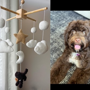 Op de afbeelding: Een houten mobiel met witte gehaakte wolken, bollen, een beige ster, een witte halve maan en een donkerbruin gehaakt hondje aan touwtjes. Daarnaast kijkt een pluizige bruin-witte hond met lichte ogen recht in de camera.