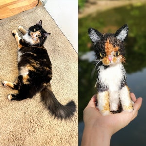 Puede incluir: Un gato negro, marr&oacute;n y blanco con ojos verdes. El gato est&aacute; tumbado en una alfombra marr&oacute;n claro. Un gato de ganchillo con pelo negro, marr&oacute;n y blanco est&aacute; siendo sostenido en la mano de una persona.