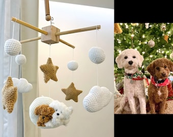 Móvil para bebé personalizado, perro de ganchillo personalizado, decoración para guardería, móvil para cuna, móvil de cachorro, regalo para recién nacido, juguetes para bebés recién nacidos, regalos conmemorativos para perros