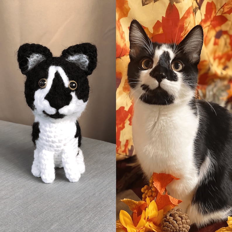 Puede incluir: Un juguete de perro de crochet blanco y negro y un gato blanco y negro con pecho y patas blancas sentado en un lecho de hojas de oto&ntilde;o.