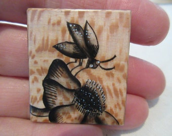 19th c School Girl Art Hand Painted Wood Needle Minder Blackwork Bug'd Rose