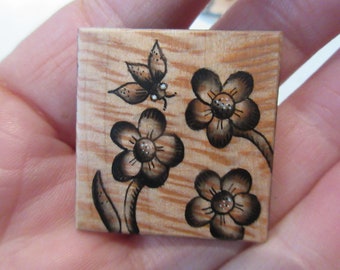 19th c School Girl Art Hand Painted Wood Needle Minder Blackwork Flower Trio