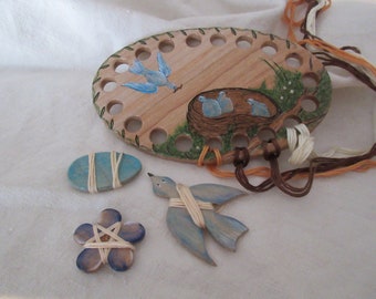 19th c School Girl Art Maple Thread Palette & Winder set of 4 ~Bluebirds