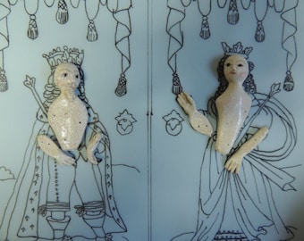 Hand Sculpted King & Queen SET for Door'd Mirror Frame Stumpwork Embroidery