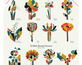 Geometric Botanical Prints: Birth Month Flowers SVG & PNG - Digital Download
