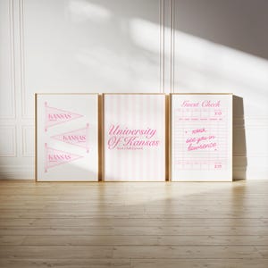 University of Kansas Pink Guest Check Wall Art | Set of 3 College Wall Art