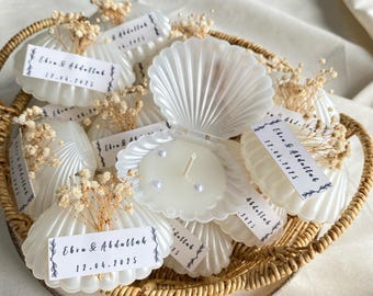 Personalized Shell Candle Wedding Favor – Elegant Oyster Gift with Dried Flowers – Coastal or Boho Guest Keepsake – Bridal Shower Favors