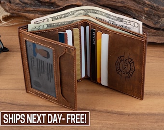 Custom Firefighter Wallet - Personalized Leather Wallet - Fire Academy Graduation Gift - Custom Firefighter Gift for Him, Hero Gift