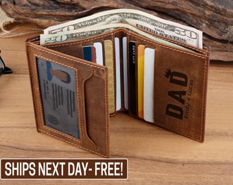 Leather Wallet for Dad, Personalized Leather Wallet, Trifold Wallet, Fathers Day Gift, Gifts for Dad, Handwriting Engraved Custom Wallet