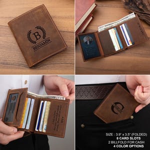 May include: A brown leather wallet with a personalized monogram and a quote. The wallet has 8 card slots, 2 billfold slots, and is 3.9 inches by 3.5 inches when folded.
