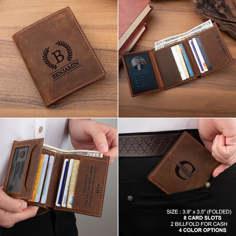 May include: A brown leather wallet with a personalized monogram and a quote. The wallet has 8 card slots, 2 billfold slots, and is 3.9 inches by 3.5 inches when folded.
