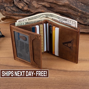 Cartera de cuero personalizada, billetera triple, billetera para hombre, regalos de graduación para él, billetera personalizada, billetera grabada, regalo para él, billetera