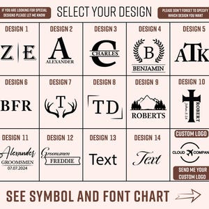 May include: A chart with 14 different design options for personalized gifts. Each design features a different combination of letters, symbols, and text. The designs include a cross, a mountain, a deer, a wreath, and a custom logo option. The chart also includes the text "See Symbol and Font Chart".