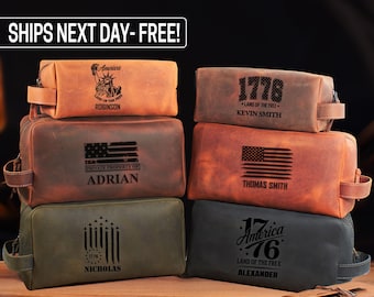 Unique 4th of July Gift, Personalized Leather Toiletry Bag for Men, USA Flag Travel Bag, Independence Day Dopp Kit, Patriotic Shaving Bag