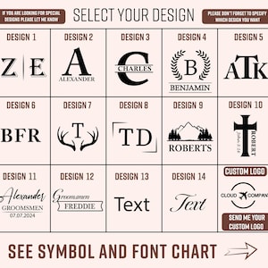 May include: A grid of fourteen black and white monogram and logo design options on a light background. Each square features distinct typography, symbols like antlers, mountains, and crosses, or placeholders for custom text and logos for personalization.