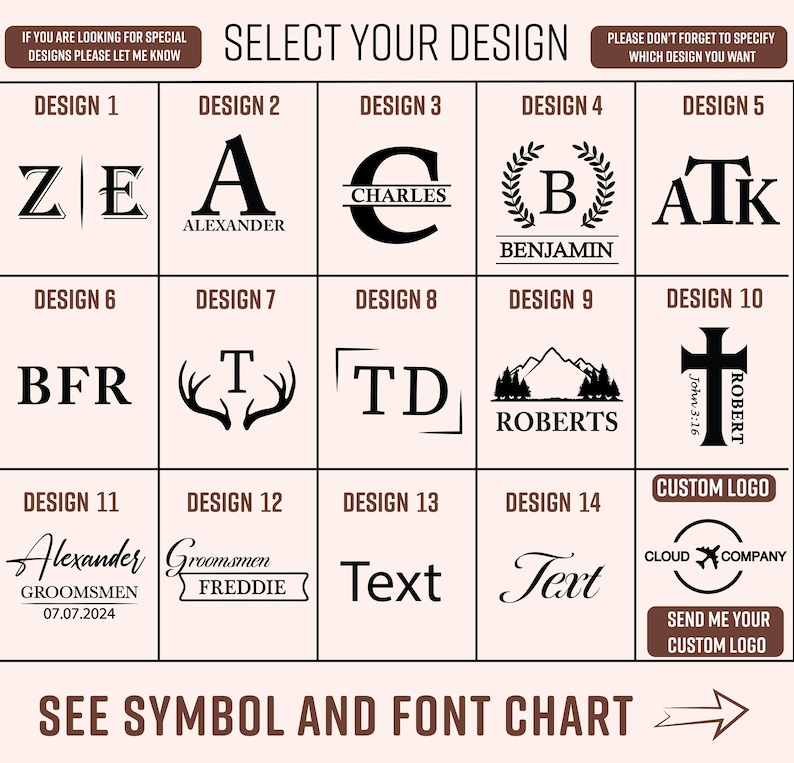 May include: A grid of fourteen black and white monogram and logo design options on a light background. Each square features distinct typography, symbols like antlers, mountains, and crosses, or placeholders for custom text and logos for personalization.