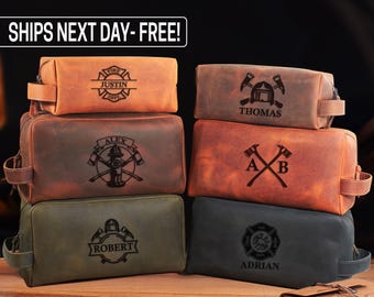 Custom Firefighter Dopp Kit - Personalized Leather Toiletry Bag - Fire Academy Graduation Gift - Custom Firefighter Gift for Him, Hero Gift