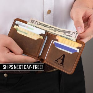 Billetera de cuero personalizada, billetera plegable, billetera grabada, billetera para hombre, regalos personalizados para papá, regalo para él, regalos de cumpleaños, regalo para el padrino de boda