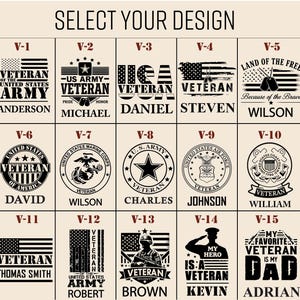 May include: A grid of fifteen black and white graphic designs labeled V-1 through V-15, featuring various United States military veteran themes, American flags, service branch emblems, and personalized names like Anderson, Michael, Daniel, and others.