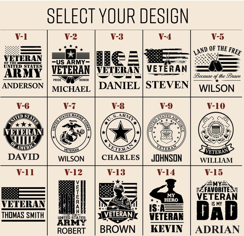 May include: A grid of fifteen black and white graphic designs labeled V-1 through V-15, featuring various United States military veteran themes, American flags, service branch emblems, and personalized names like Anderson, Michael, Daniel, and others.