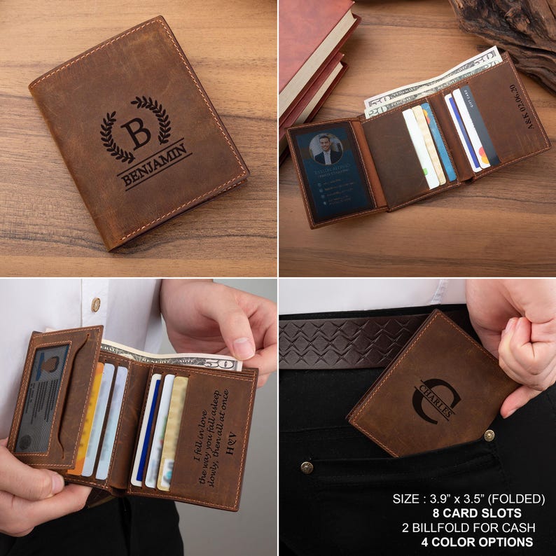 May include: A brown leather bi-fold wallet featuring custom laser-engraved monograms and text. The wallet includes eight card slots, two billfold compartments for cash, and a clear ID window. The folded dimensions are 3.9 inches by 3.5 inches.