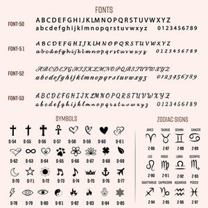 May include: A chart with different fonts, symbols, and zodiac signs. The fonts are labeled FONT-50 through FONT-53. The symbols are labeled S-54 through S-85. The zodiac signs are labeled Z-86 through Z-97.