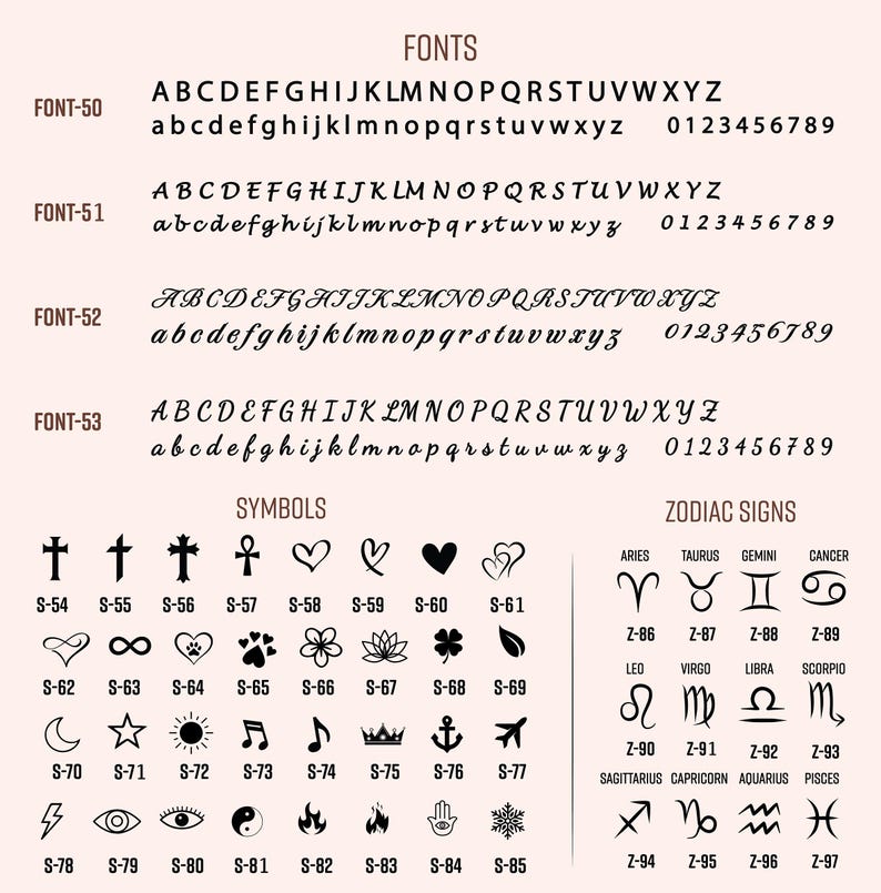 May include: A chart with different fonts, symbols, and zodiac signs. The fonts are labeled FONT-50 through FONT-53. The symbols are labeled S-54 through S-85. The zodiac signs are labeled Z-86 through Z-97.