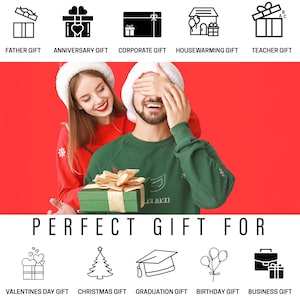 May include: A couple in Santa hats, one with their eyes covered, holding a wrapped gift box. The image is set against a red background with the text "PERFECT GIFT FOR" below.  The image includes icons representing different gift giving occasions, such as Father's Day, Anniversary, Corporate, Housewarming, Teacher, Valentine's Day, Christmas, Graduation, Birthday, and Business.