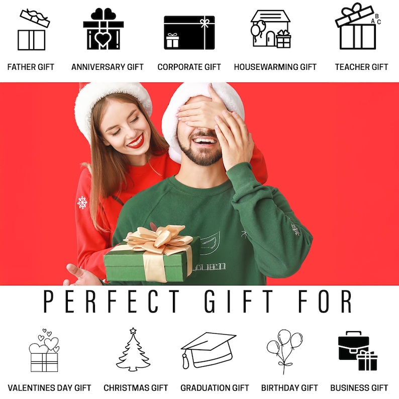 May include: A couple in Santa hats, one with their eyes covered, holding a wrapped gift box. The image is set against a red background with the text "PERFECT GIFT FOR" below.  The image includes icons representing different gift giving occasions, such as Father's Day, Anniversary, Corporate, Housewarming, Teacher, Valentine's Day, Christmas, Graduation, Birthday, and Business.
