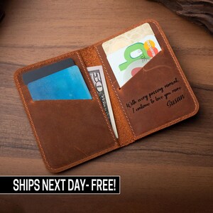 May include: A brown leather wallet with a card slot and a money pocket. The wallet has a personalized inscription that reads "With every passing moment, I continue to love you more Susan".